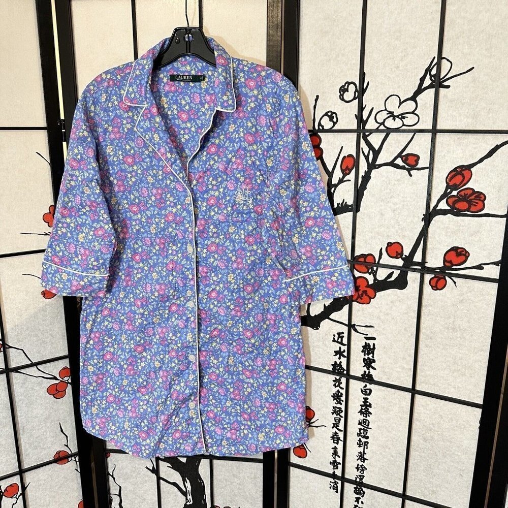 Lauren Ralph Lauren Pajama Dress Womens M Medium Blue Pink Floral Logo Sleepwear - Picture 6 of 6
